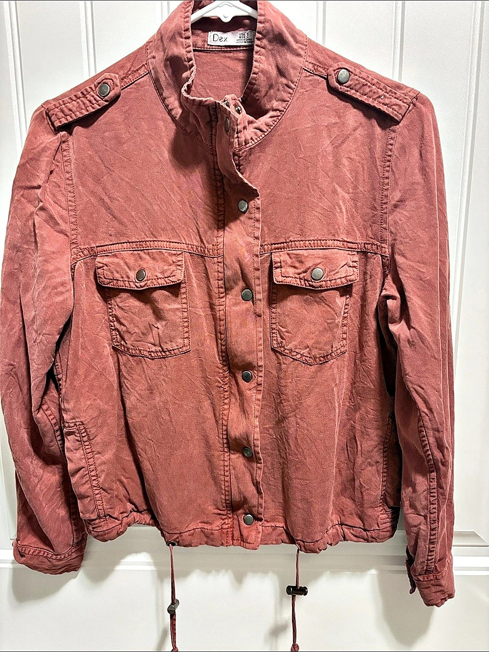 Dex Small Tencel Utility Jacket Rust Snap Zip Front Military Style